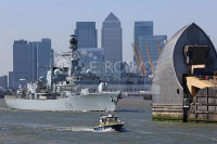HMS PORTLAND approaches the THAMES BARRIER