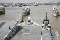 HMS Ark Royal approaching the Thames Barrier